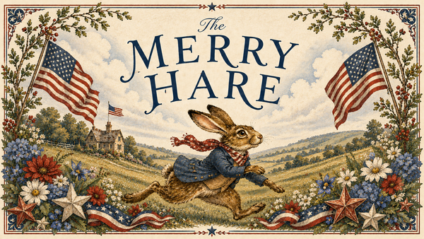 Vintage-style illustration of a rabbit with American flags and floral decorations, featuring 'The Merry Hare' text.
