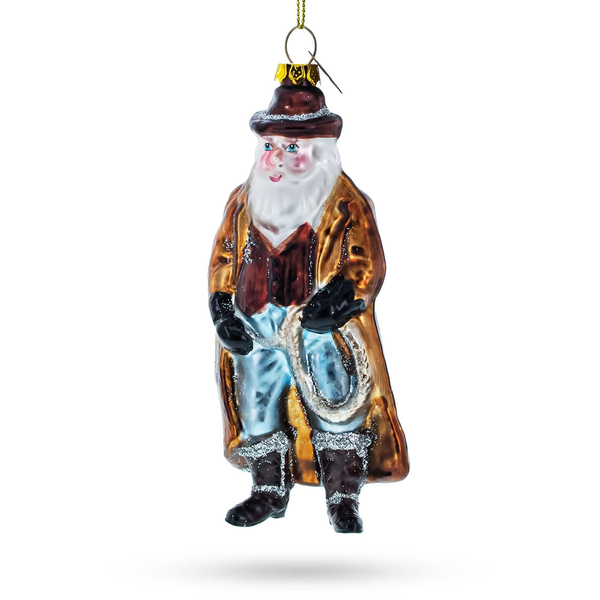 a christmas ornament with a cowboy hat and long beard
