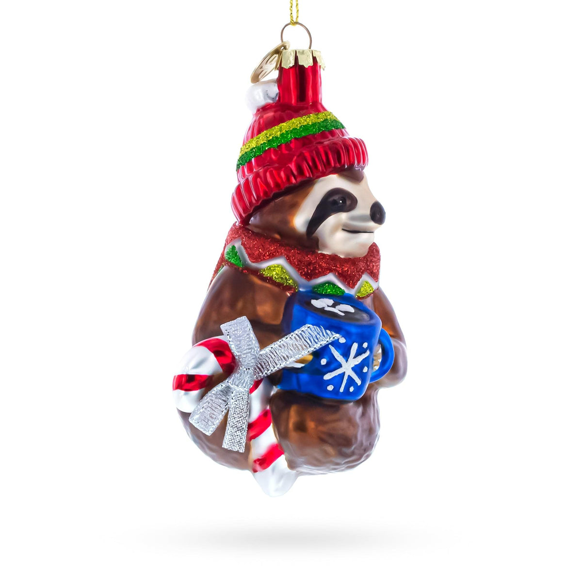 Cozy Sloth Drinking Hot Cocoa Glass Christmas Ornament
