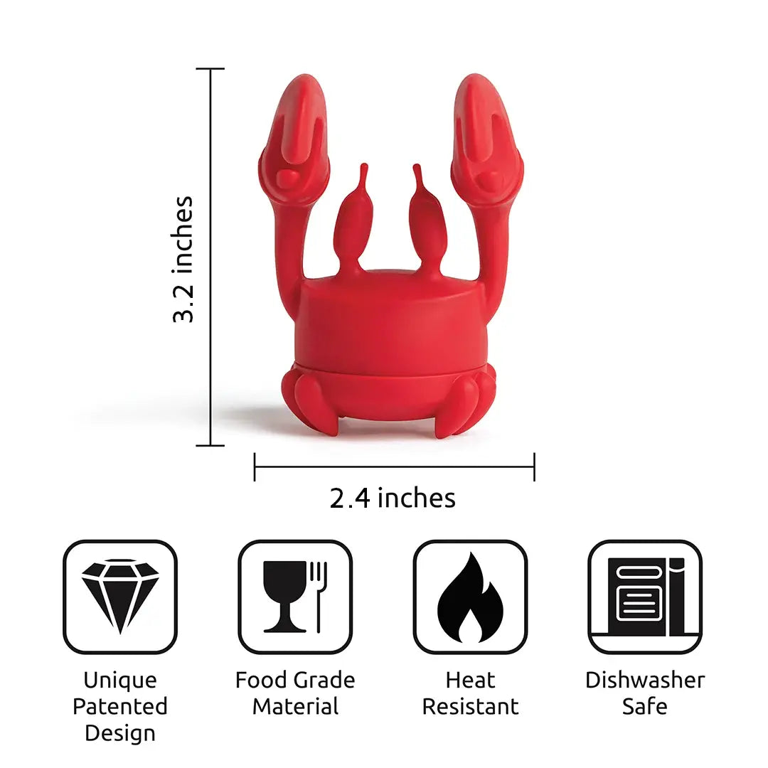 a red crab shaped object with black text