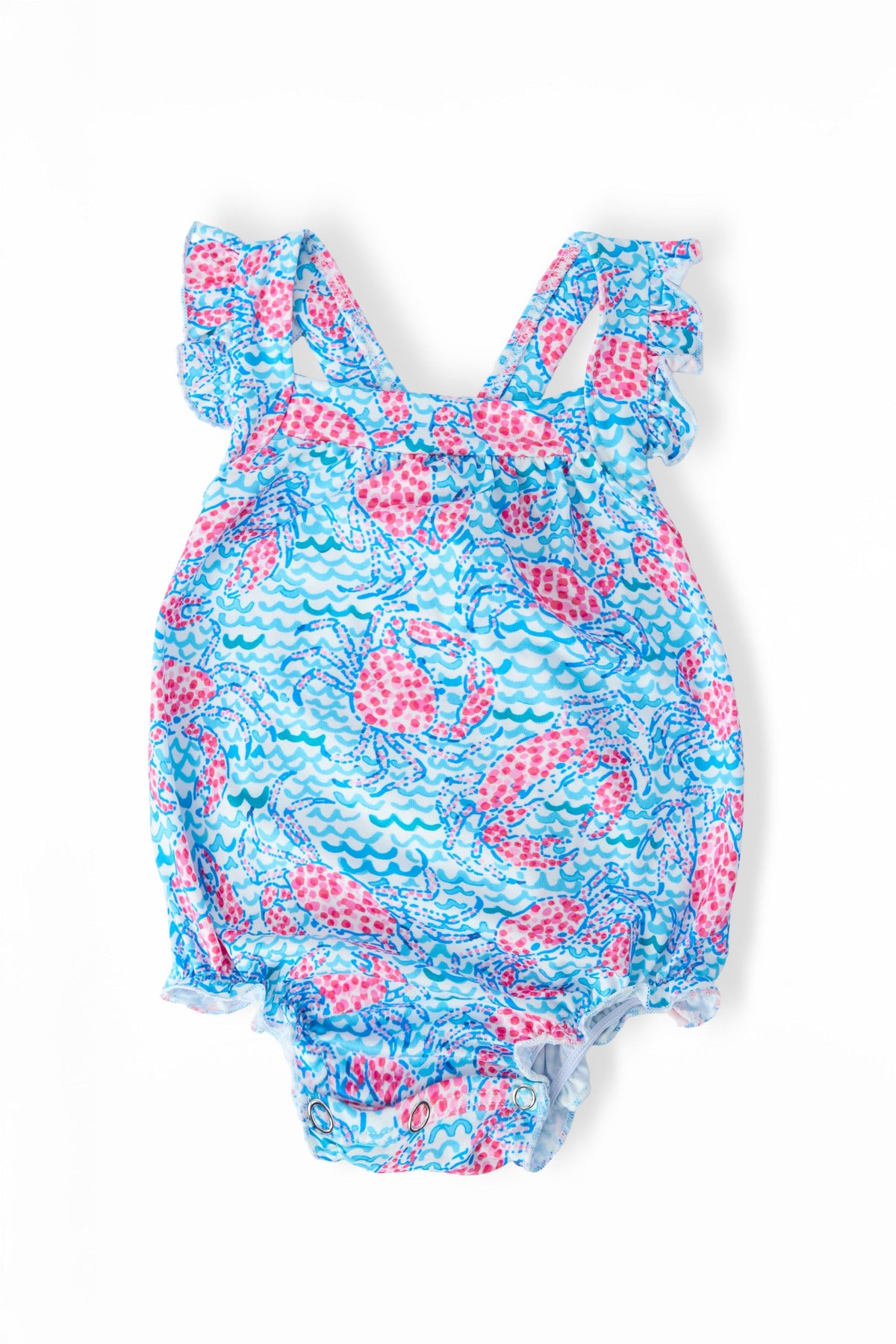a blue and pink baby romper