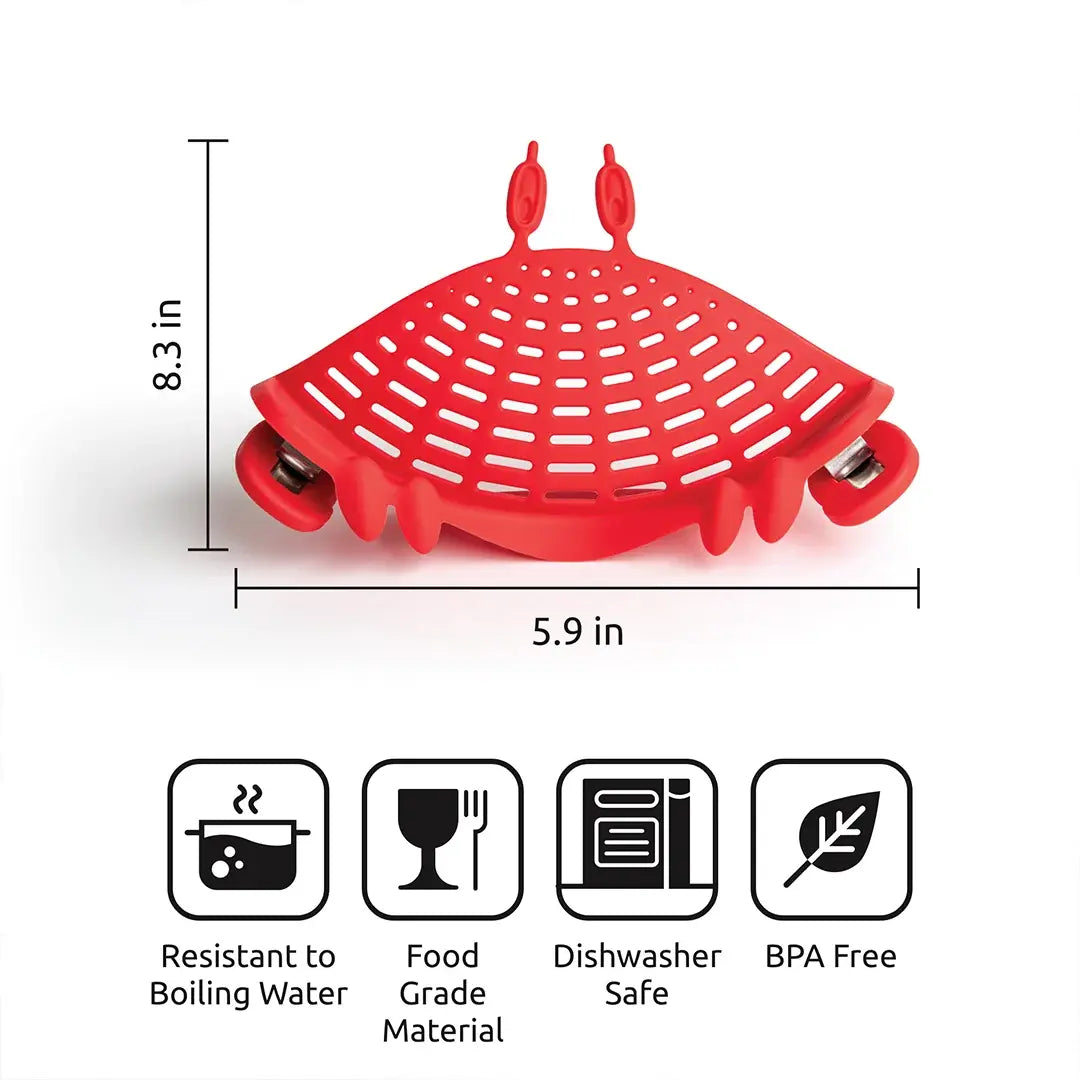 a red strainer with a size chart