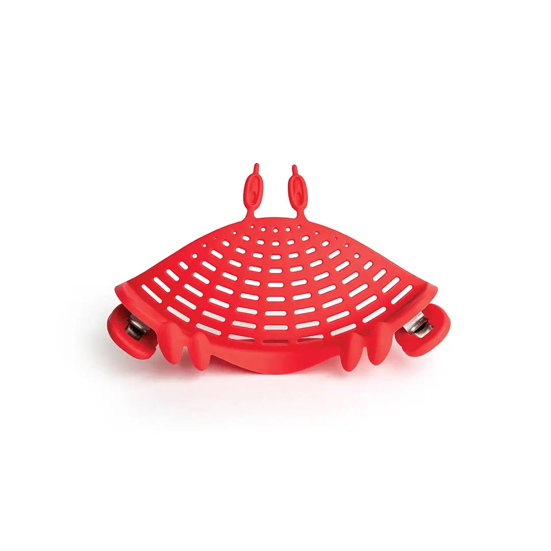 a red plastic object with wheels