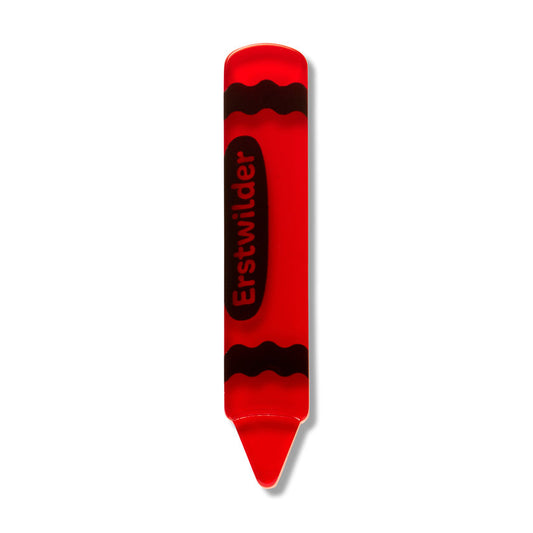 a red crayon with black text
