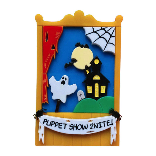 a yellow and blue sign with a ghost and spider web