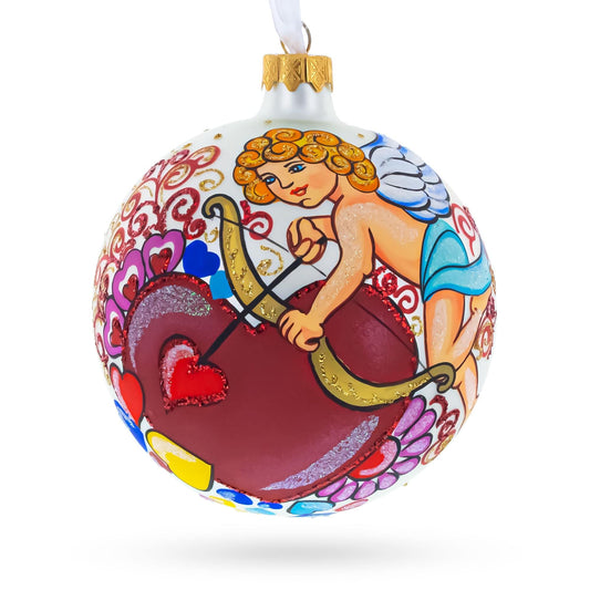 Cupid with Bow and Heart Glass Ball Christmas Ornament 4 Inches