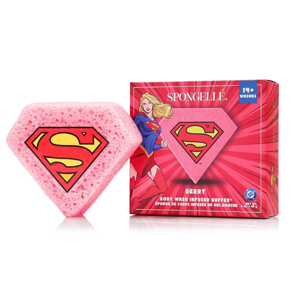 a pink sponge with a logo on it next to a box