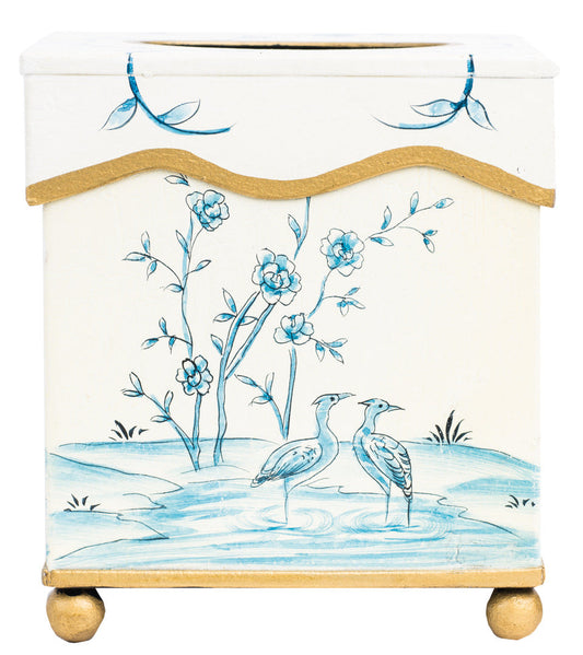 Ivory & Blue w/Gold Trim Scalloped Wastepaper Basket & Tissue (2 Options)