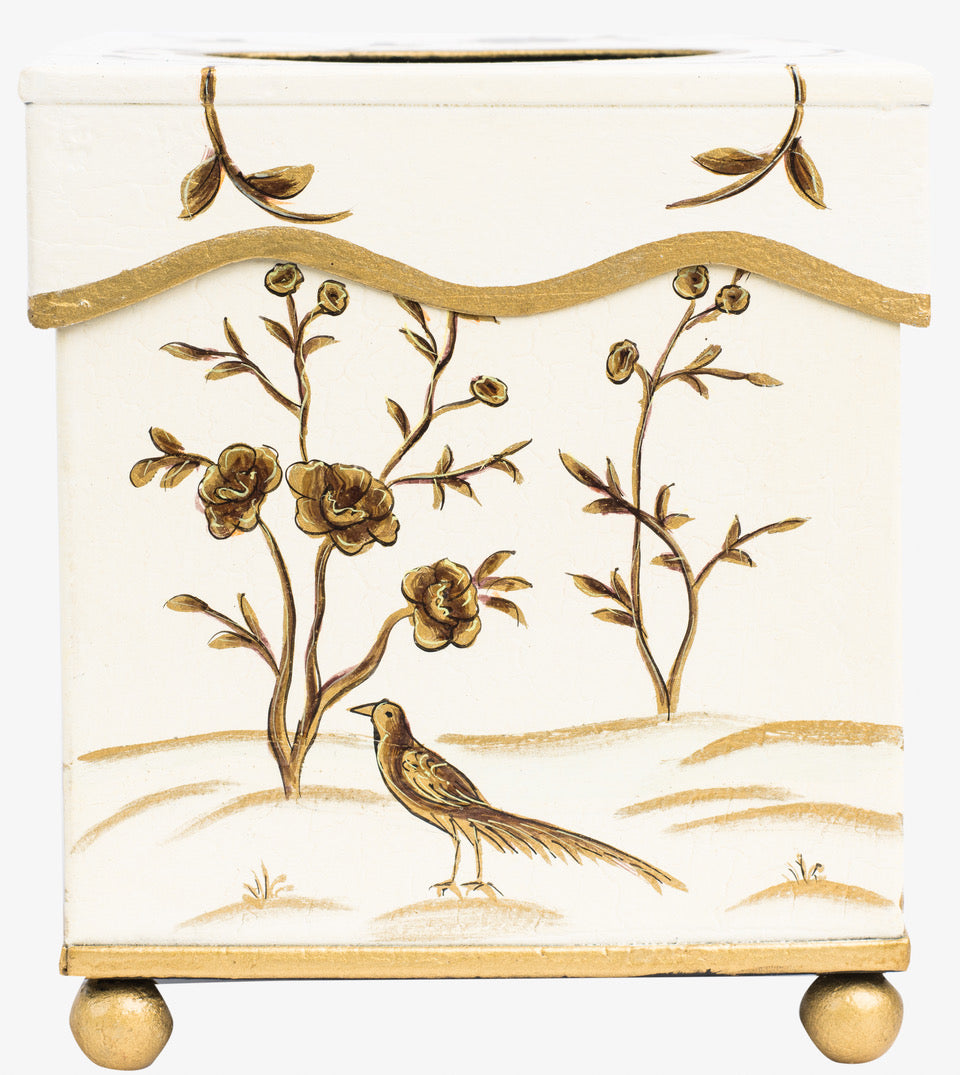 Ivory & Gold Scalloped Footed Wastepaper Basket & Tissue (2 Options)