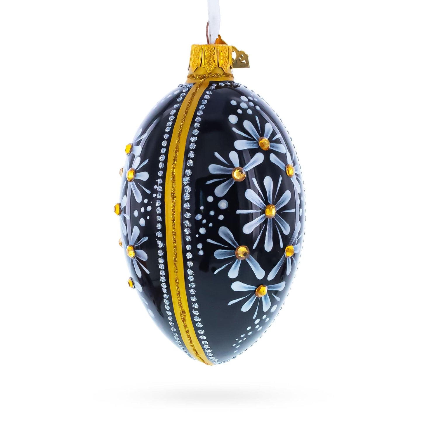 Daisy Motif with Golden Accents and Crystals Glass Egg Ornament 4 Inches