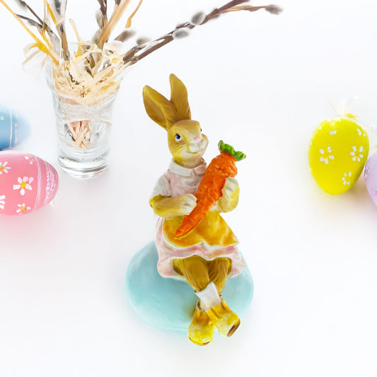Decorative Easter Bunny on Egg with Carrot Vintage Holiday Figurine 5.2 Inches Tall
