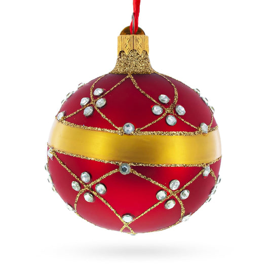 Diamond Trellis Pattern on Red Glass Ball Christmas Ornament 3.25 Inches