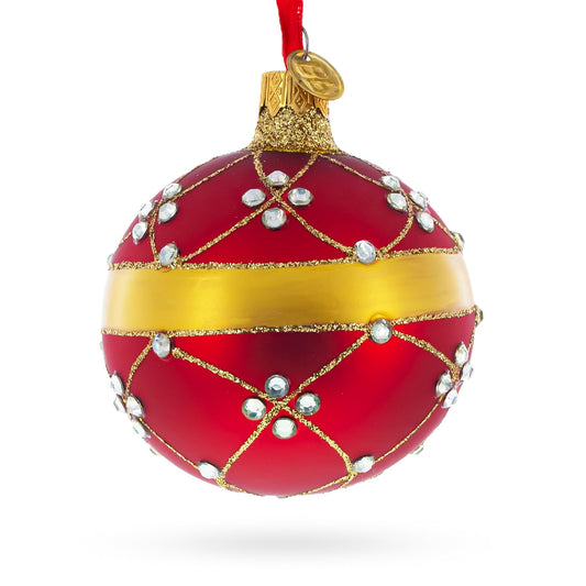 Diamond Trellis Pattern on Red Glass Ball Christmas Ornament 3.25 Inches