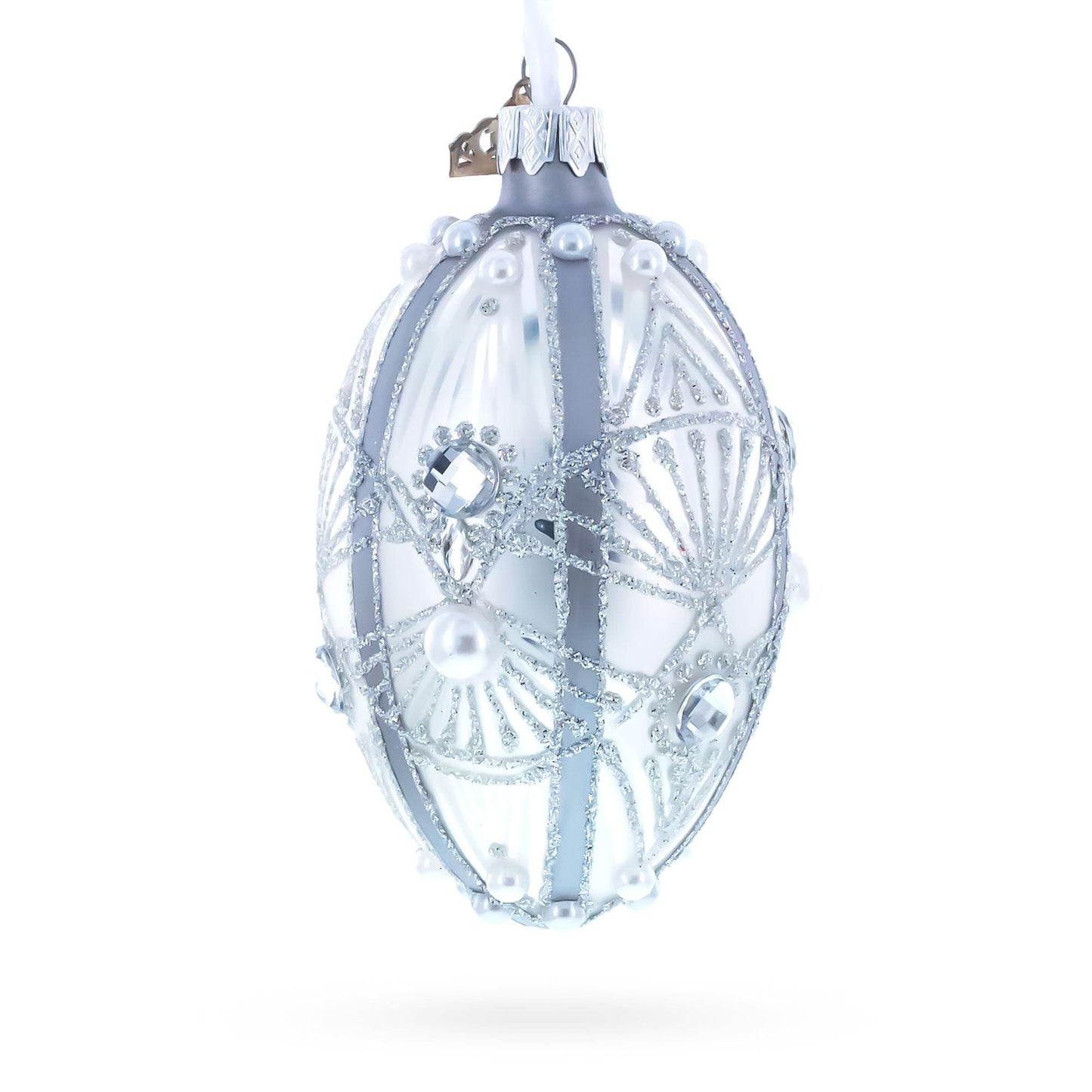 Diamonds on Silver Glass Egg Ornament 4 Inches
