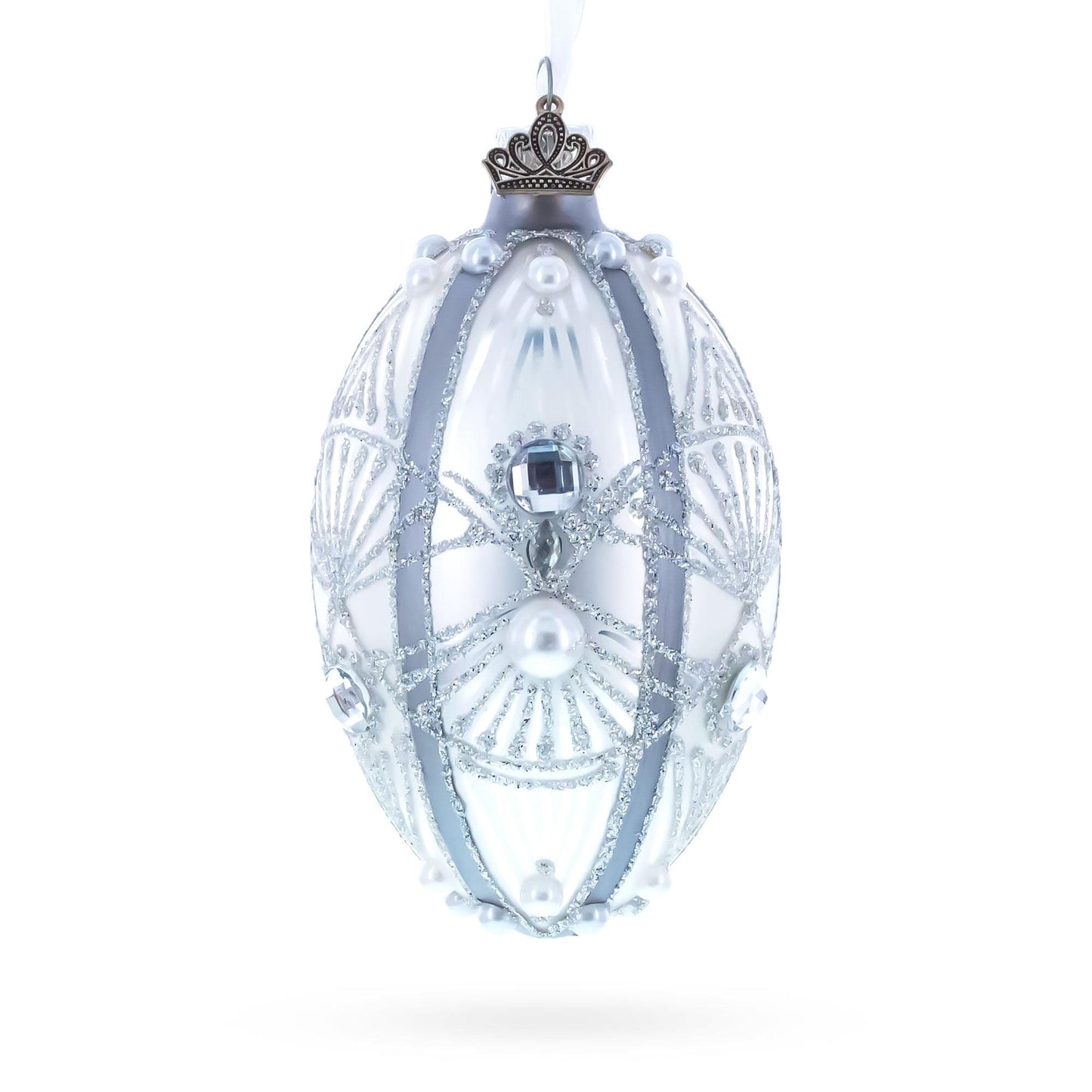 Diamonds on Silver Glass Egg Ornament 4 Inches