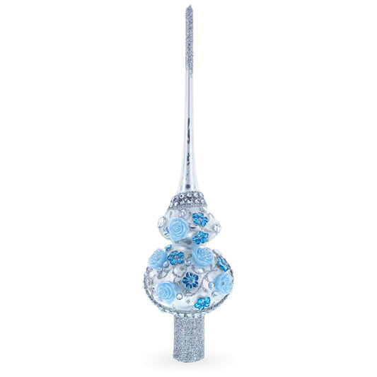 Dimensional Blue Roses and Flowers on Silver Glass Christmas Tree Topper 11 Inches