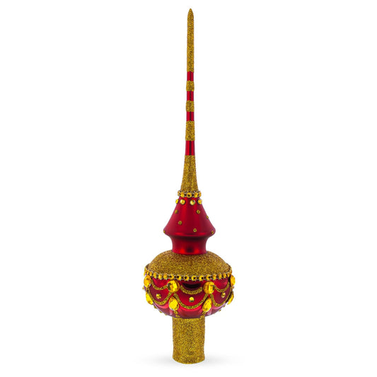 Dimensional Golden Jewels on Red Glass Christmas Tree Topper 11 Inches