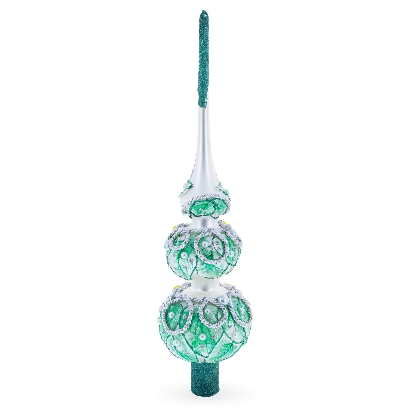 Dimensional Rope and Leaves on White Glass Christmas Tree Topper 12.5 Inches