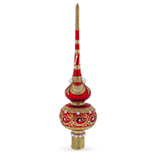 Dimensional Roses and Pearls on Golden Scroll Glass Christmas Tree Topper 11 Inches