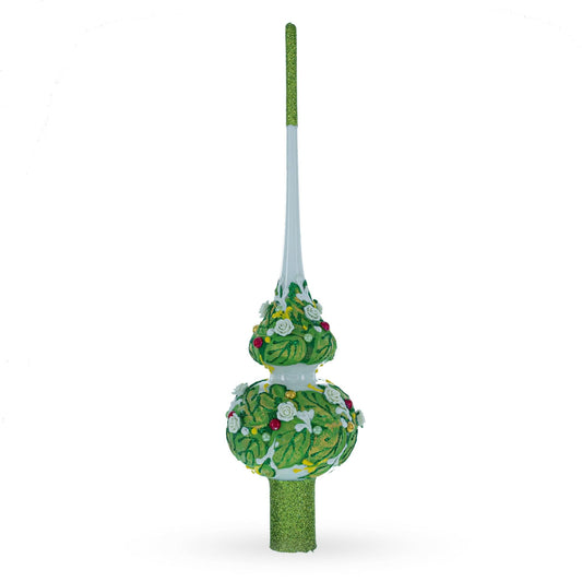 Dimensional White Roses on Green Leaves Glass Christmas Tree Topper 11 Inches