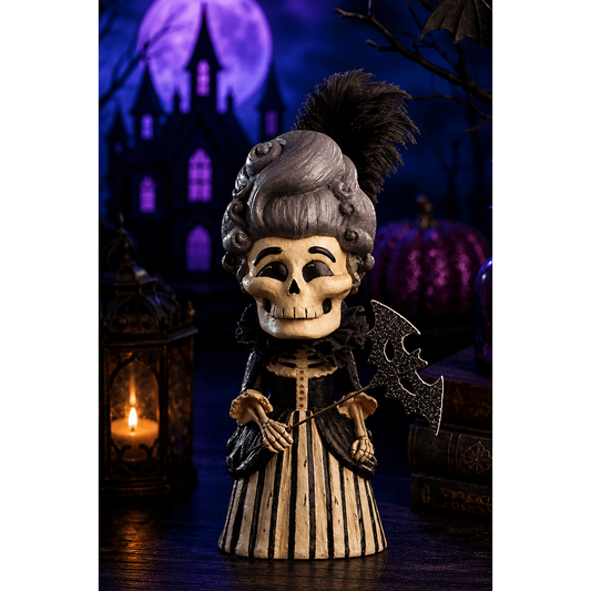 a statue of a skull with a black feathered hat and a black bat and a black and white castle