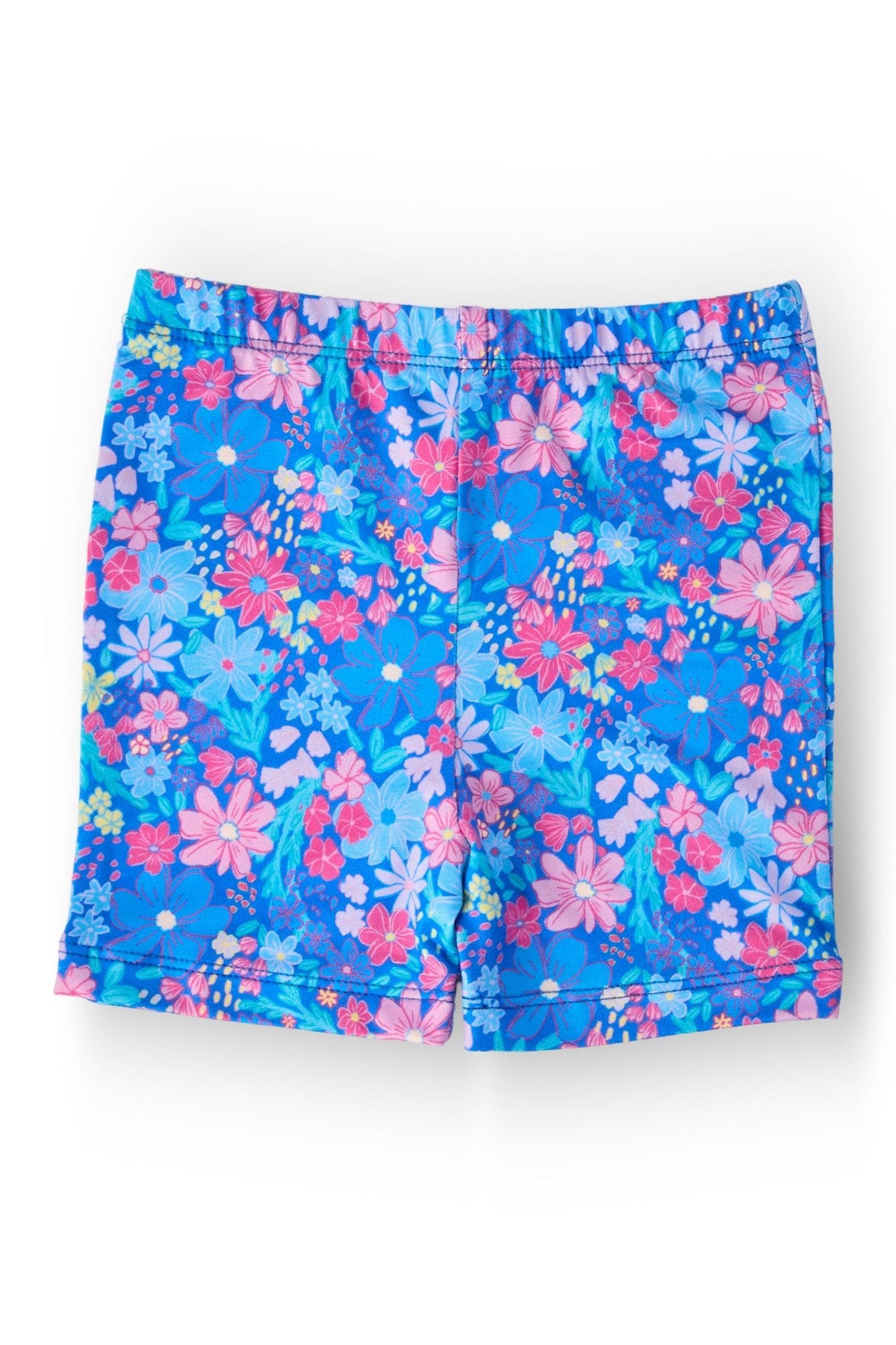 a pair of blue shorts with pink and blue flowers