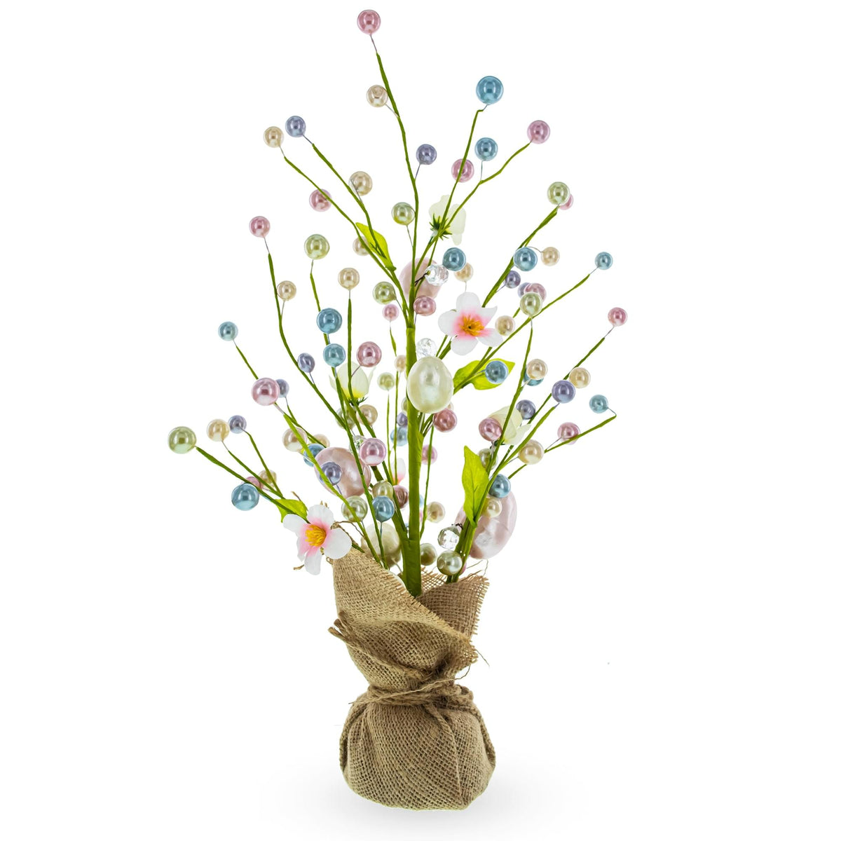 a small flower arrangement in a burlap bag