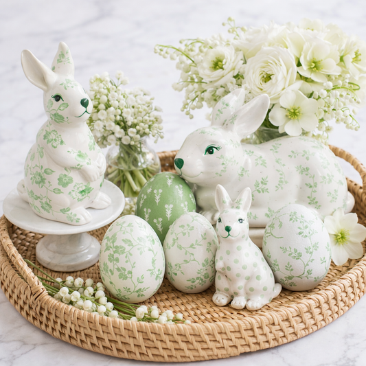 a group of easter bunnies and eggs