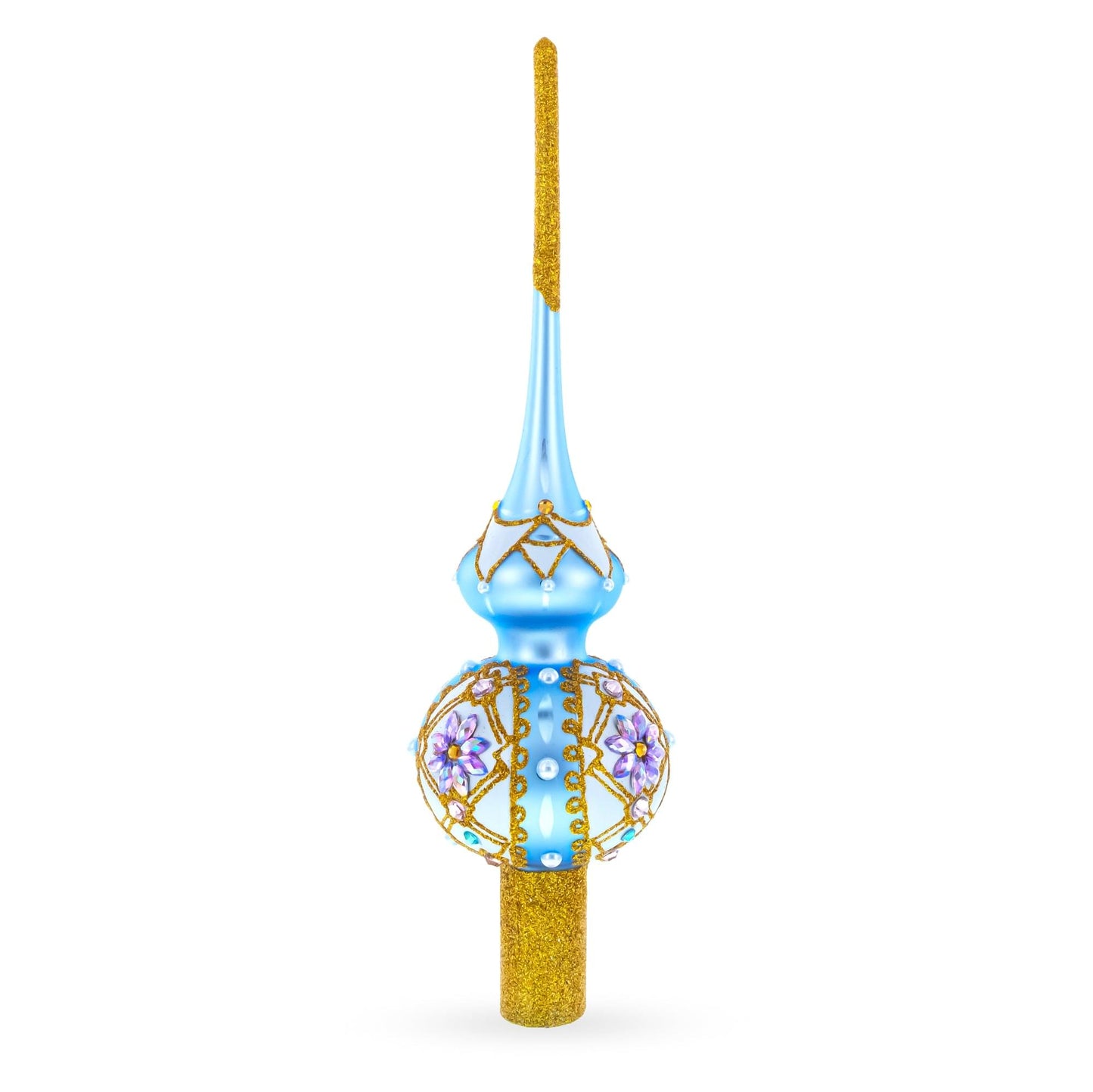 Elegant Blue and Purple Jewel-Encrusted Glass  Tree Topper 11 Inches
