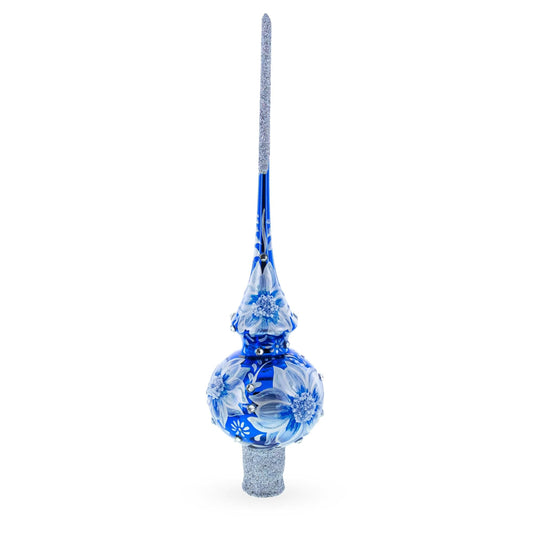 Elegant Cobalt Bloom with Glittering Accents Glass Christmas Tree Topper 11 Inches