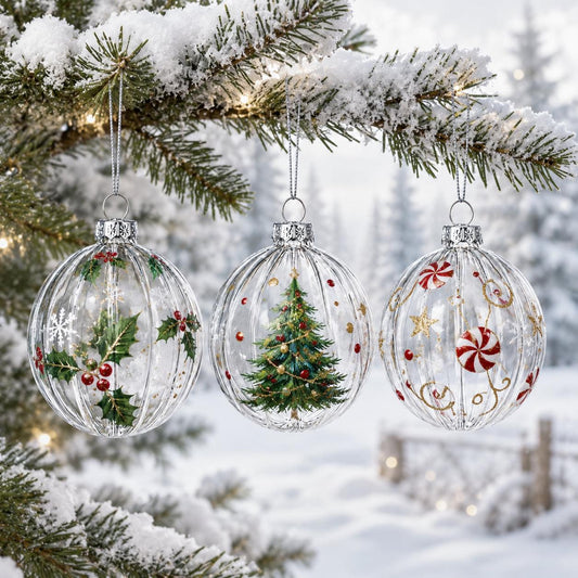 Elegant Set of 3 Striped Clear Glass Ball Christmas Ornaments 3.5 Inches