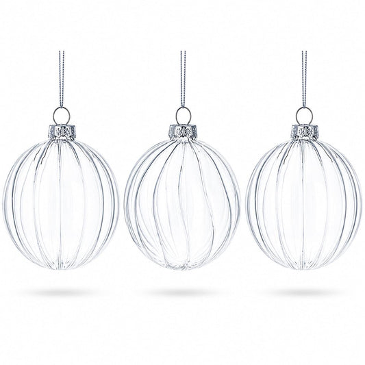 Elegant Set of 3 Striped Clear Glass Ball Christmas Ornaments 3.5 Inches