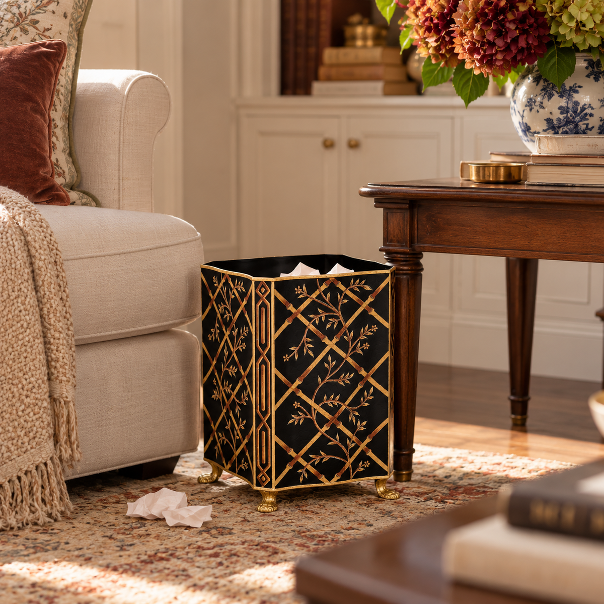 Black Bamboo & Floral Wastepaper Basket & Tissue (2 Options)