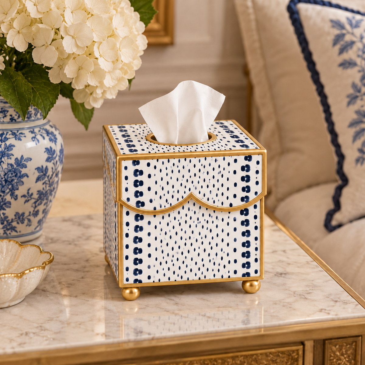Navy Dot Square Scalloped Wastepaper Basket & Tissue Holder (2 Options)