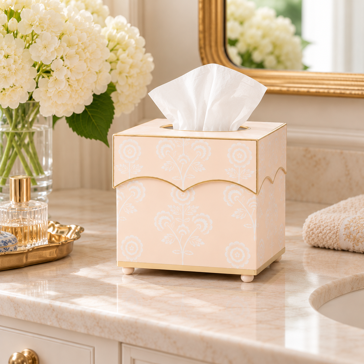Pale Peach Floral Scalloped Wastepaper Basket & Tissue (2 Options)