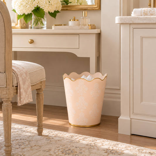Pale Peach Floral Scalloped Wastepaper Basket & Tissue (2 Options)