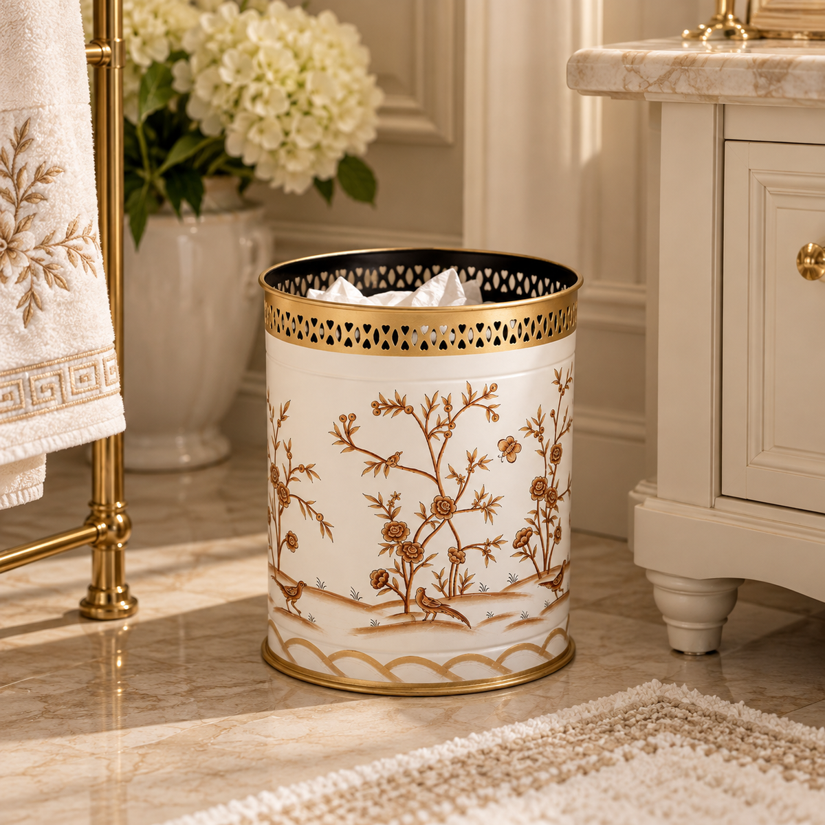 Ivory & Gold Oval Pierced Wastepaper Basket & Tissue (2 Options)