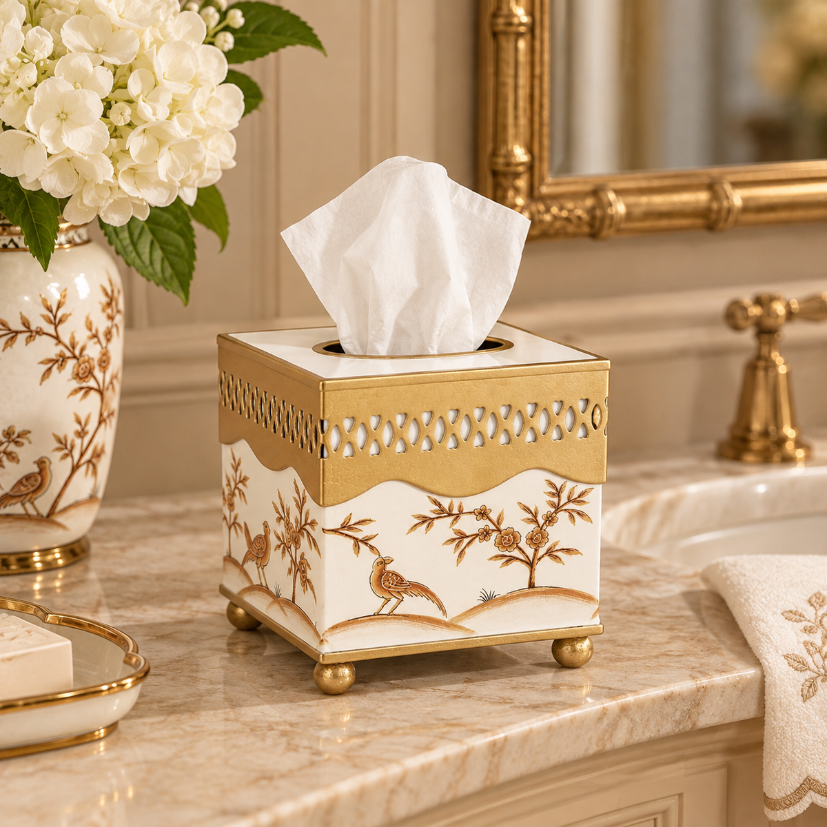 Ivory & Gold Oval Pierced Wastepaper Basket & Tissue (2 Options)