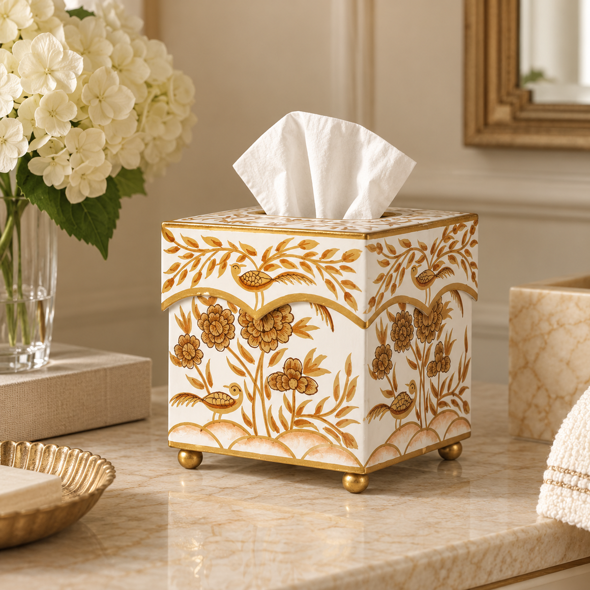 Ivory & Gold Pheasant Wastepaper Basket & Tissue (2 Options)