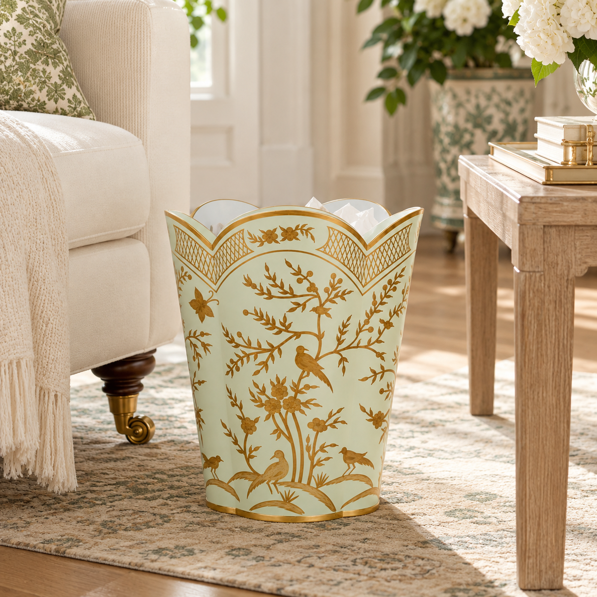 Pale Green & Gold Chinoiserie Wastepaper Basket & Tissue (2 Options)