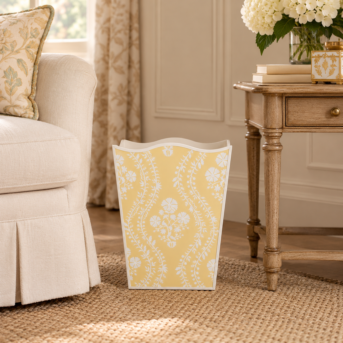 Butter Yellow Floral Trellis Wastepaper Basket & Tissue (2 Options)