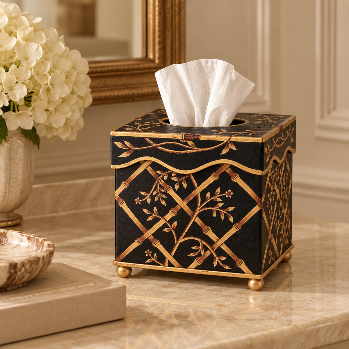 Black Bamboo & Floral Wastepaper Basket & Tissue (2 Options)