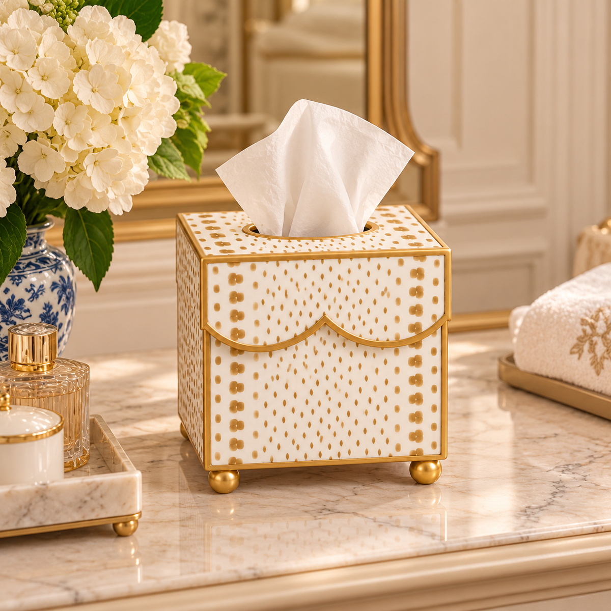 Tan Dot Square Scalloped Wastepaper Basket & Tissue Holder (2 Options)
