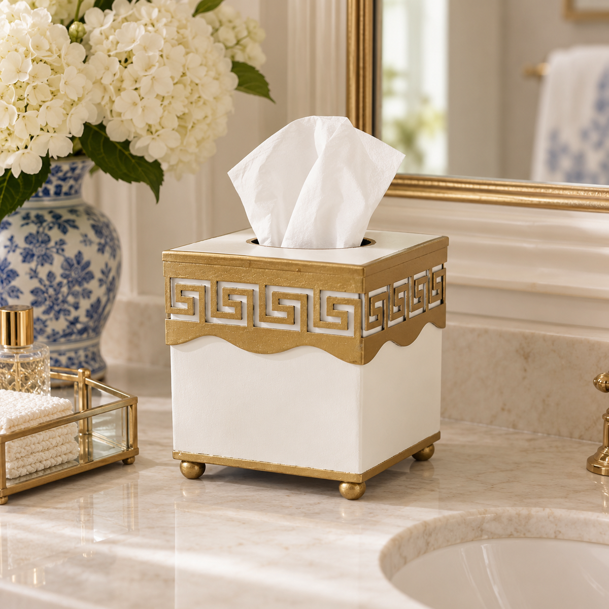 Ivory Greek Key Oval Wastepaper Basket & Tissue (2 Options)