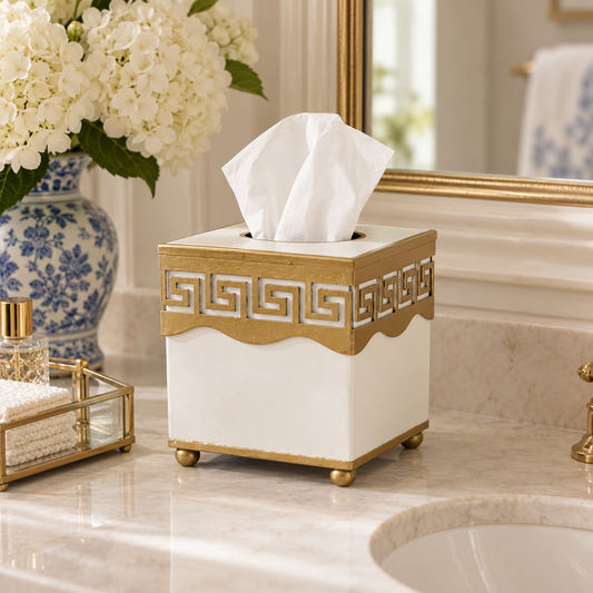 Ivory Greek Key Oval Wastepaper Basket & Tissue (2 Options)