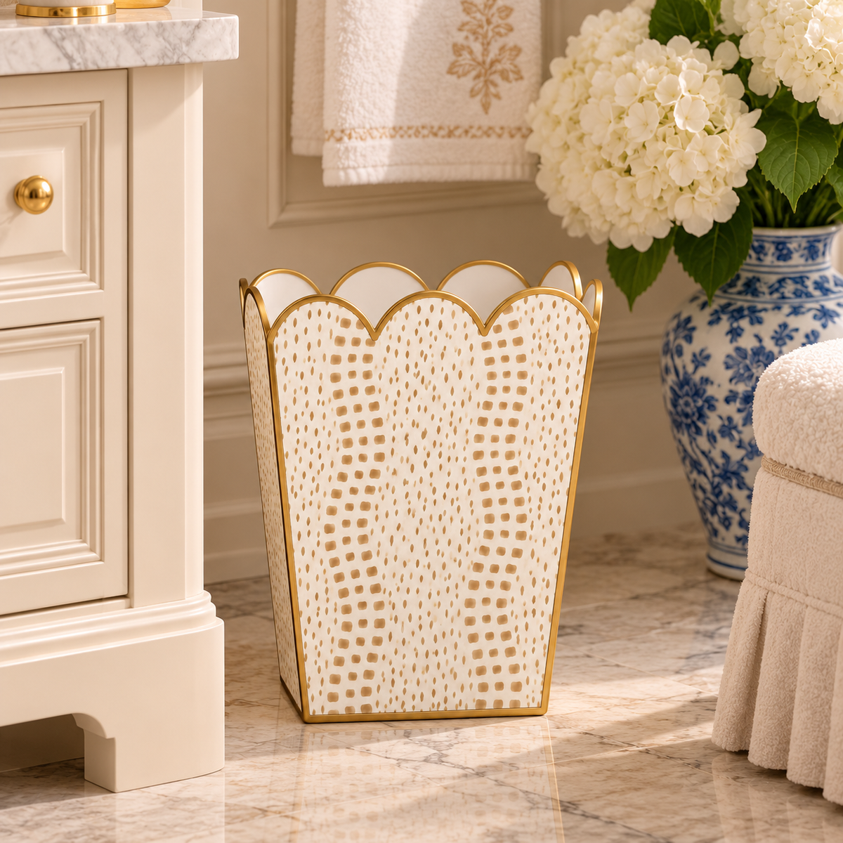 Tan Dot Square Scalloped Wastepaper Basket & Tissue Holder (2 Options)