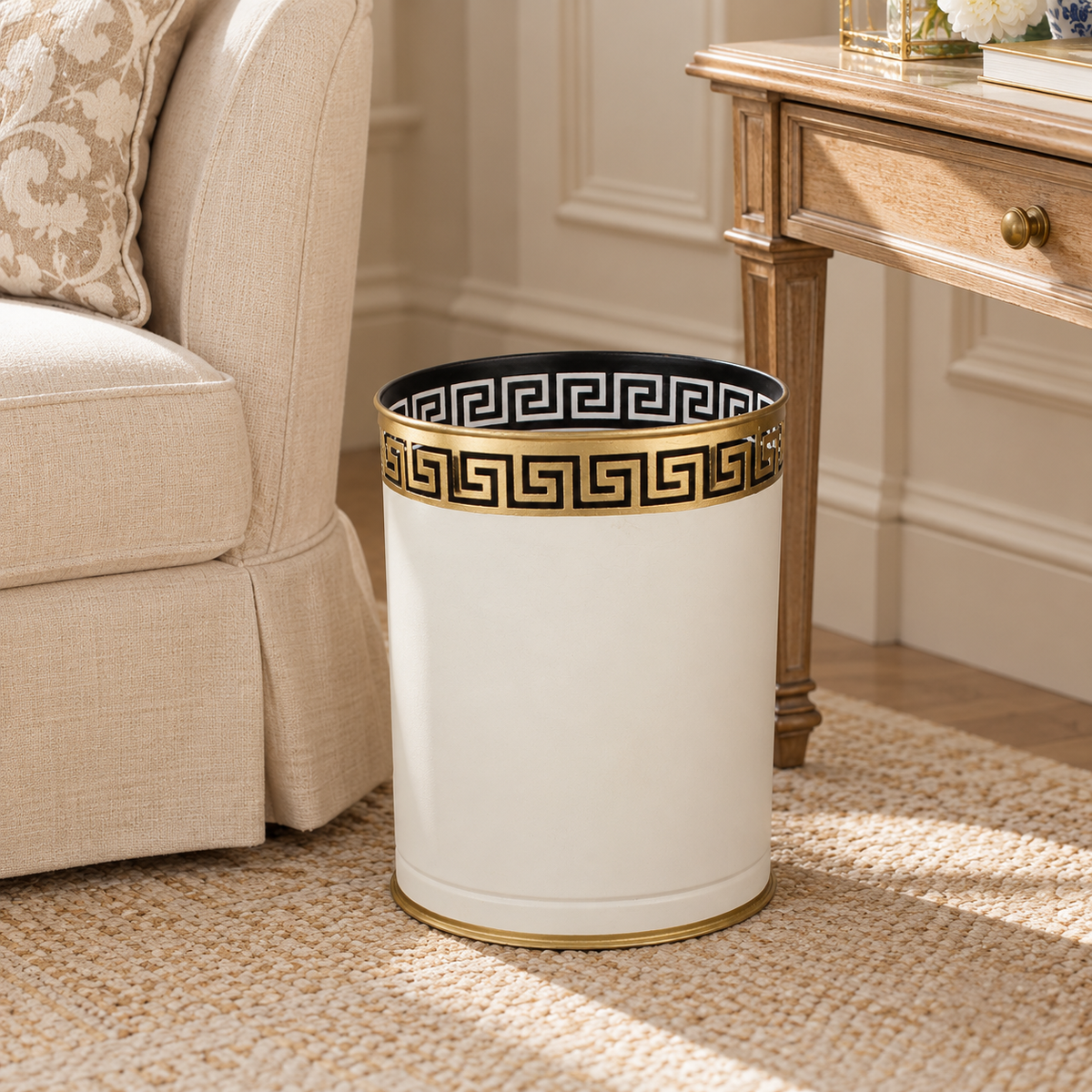 Ivory Greek Key Oval Wastepaper Basket & Tissue (2 Options)
