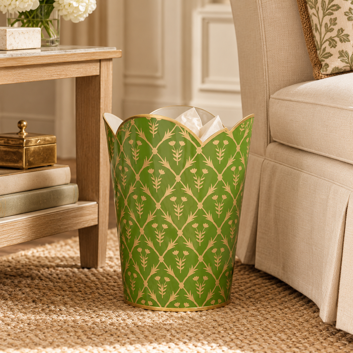 Moss Green & Gold Tulip Wastepaper Basket & Tissue (2 Options)