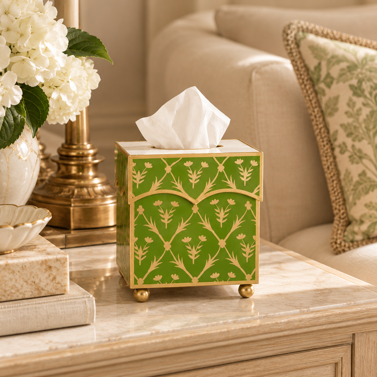 Moss Green & Gold Tulip Wastepaper Basket & Tissue (2 Options)