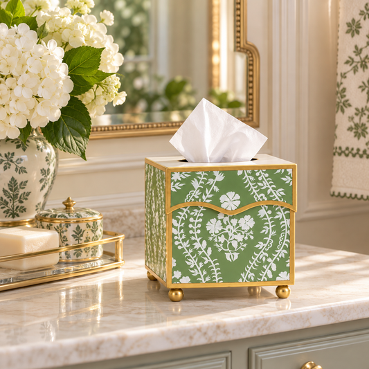 Green Floral Trellis Wastepaper Basket & Tissue (2 Options)